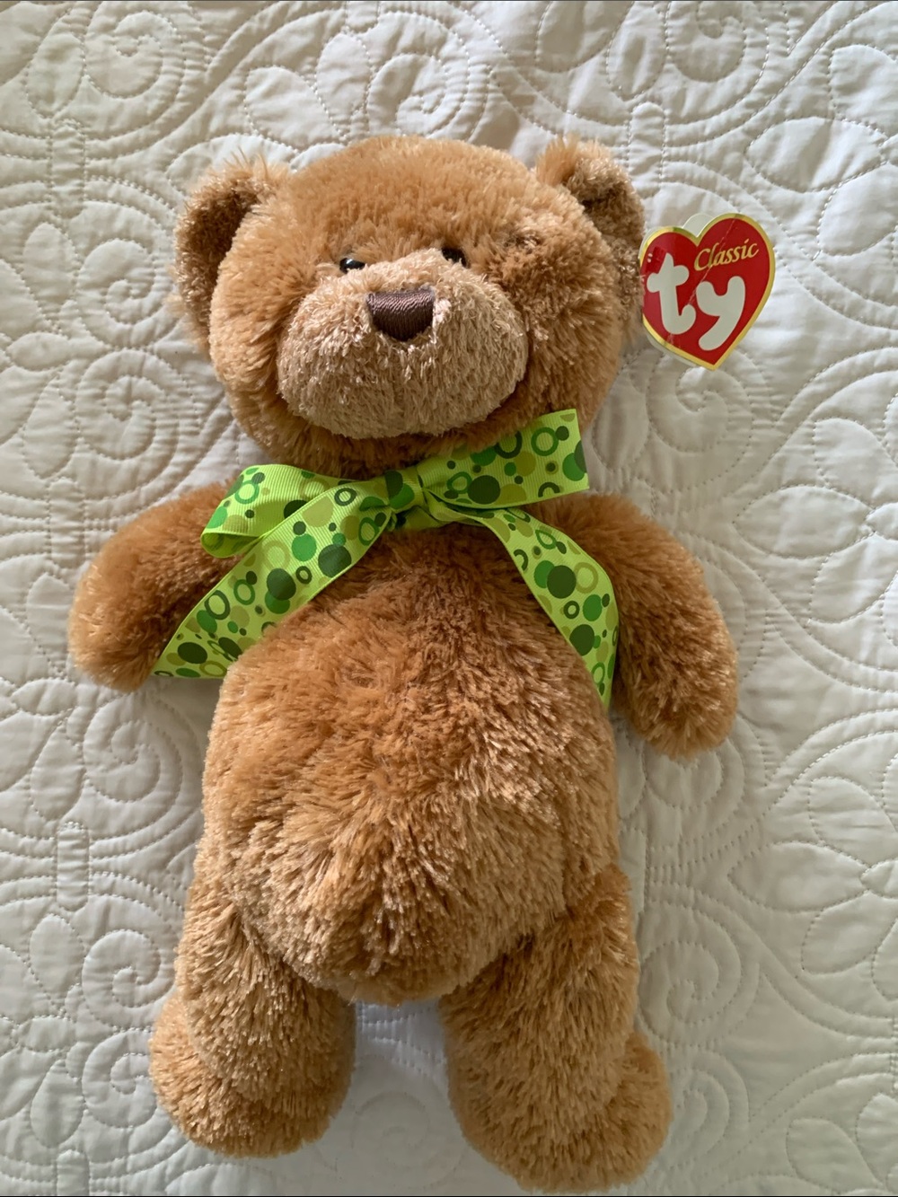 Ty Plush Brown Teddy Bear with Green Patterned Bow Chaucer